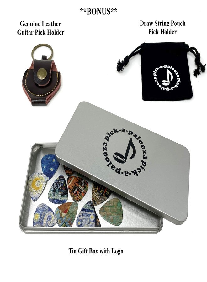 Pick-a-Palooza Impressionist Guitar Picks Gift Set For Guitarist - 12 Pack Light/Medium/Heavy, Custom Collectible Tin, Leather Pick Holder, Custom Drawstring Carry Bag - Image 4